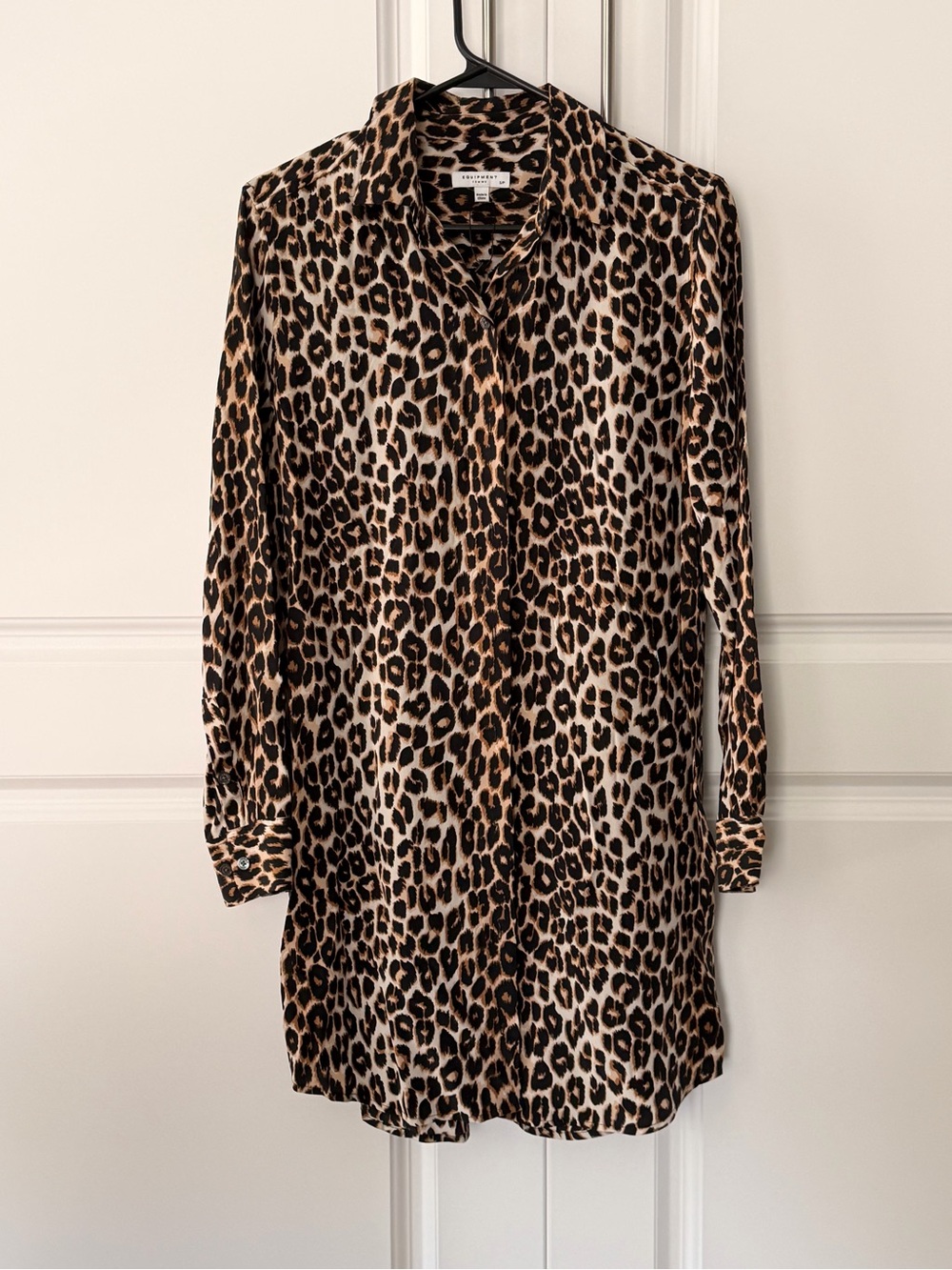 Equipment Leopard-Print Long Sleeve Shirt Dress in Brown and Black